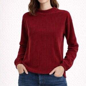Promod Ribbed Velvet Long Sleeve Top Burgundy – Soft Stretch Knit - Size Small